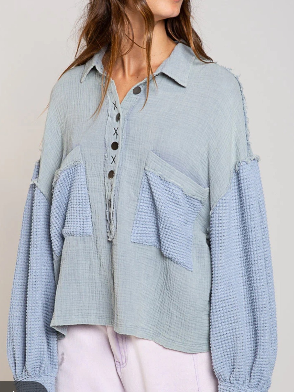 POL Cotton Gauze Patchwork Two Tone Half Button Down Shirt Balloon Sleeves - L